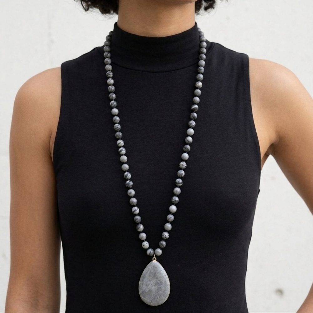 Handmade Natural Picasso Jasper Beaded  Pendant "Mala Necklace"